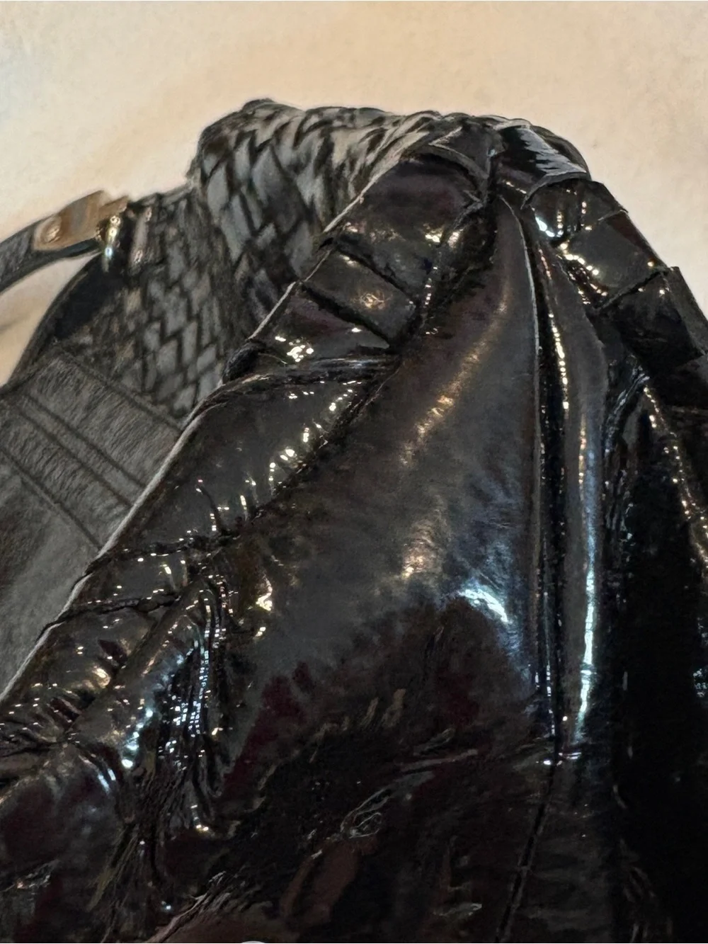 Elliott Lucca Black Patent Hobo with Woven Side Panels